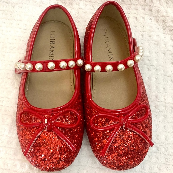 PHIRAMIN Toddler Girl Red Bow Glitter and Pearl Detail Dressy Ballerinas size 11 - Picture 10 of 15